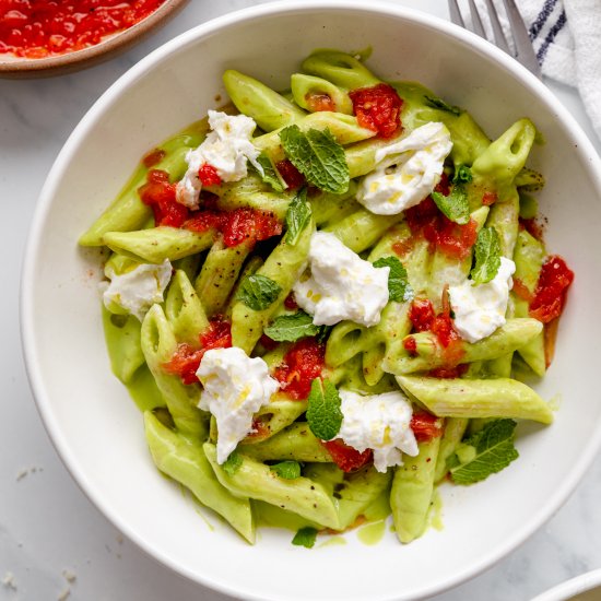 Pea Pesto Pasta with Burrata