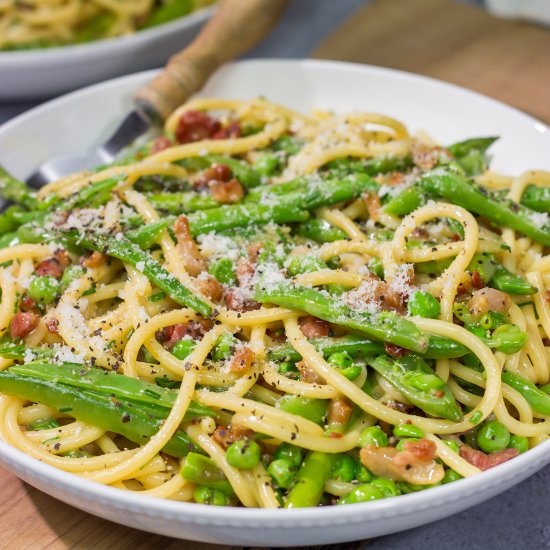 Spaghetti Carbonara with Spring Veg