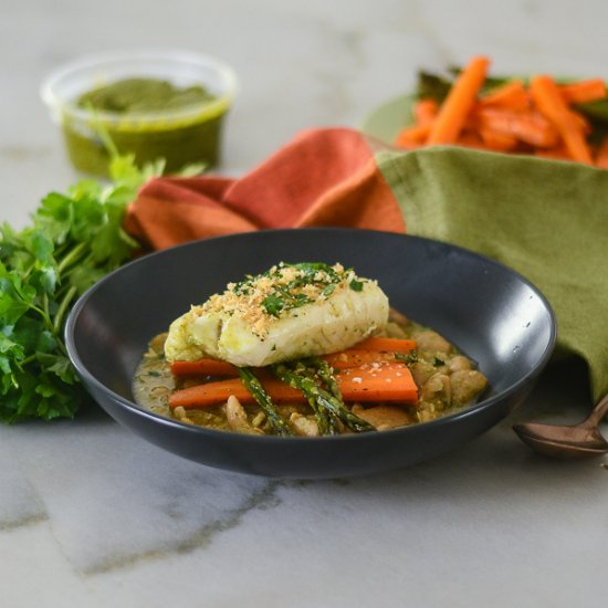 Braised Cod over Pesto Butter Beans