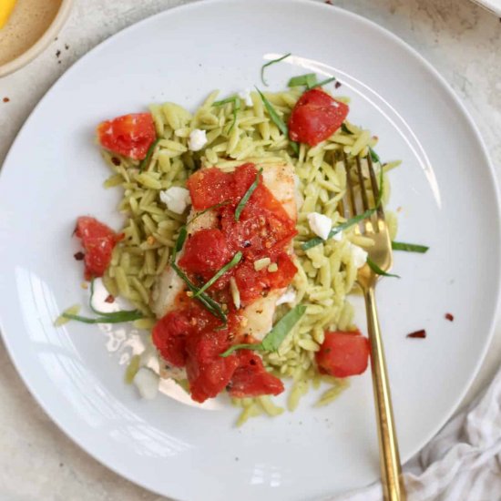 Baked Cod with Tomatoes & Orzo