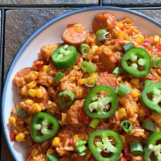 Cheesy Smoked Sausage Rice Skillet