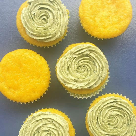 Mango cupcakes with basil frosting