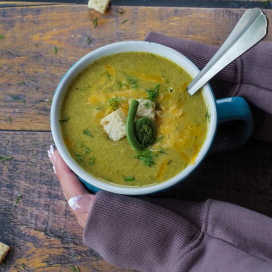 Cheesy Fiddlehead Soup