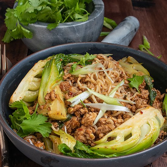 Spicy Sambal Pork Noodles, Bok Choy