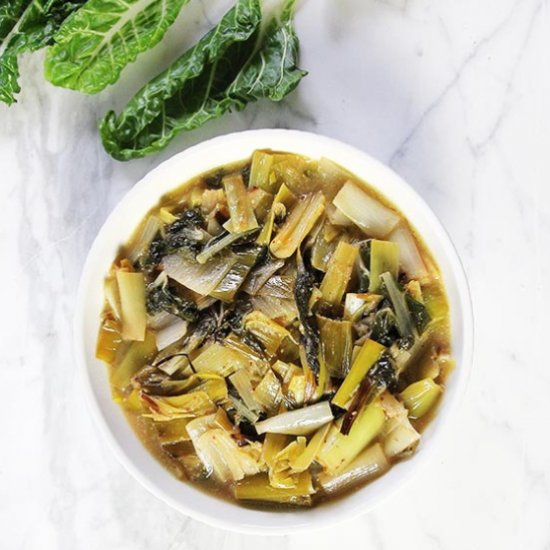 Lemony Braised Leeks & Green Chard