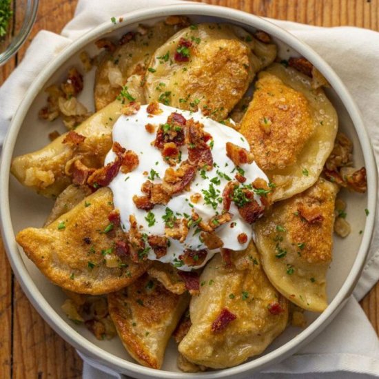 Pierogi with cheesy mashed potatoes