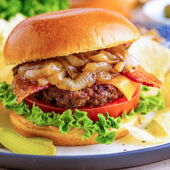 Grilled Onion Bacon Cheddar Burger