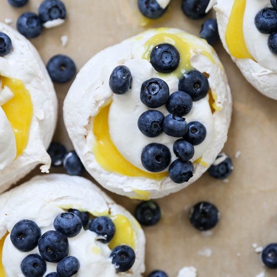 Pavlovas with Lemon Curd + Berries