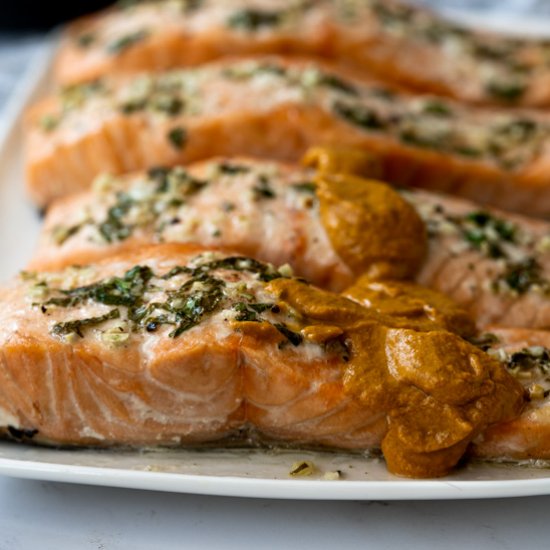 Baked Lemon Garlic Salmon Romesco