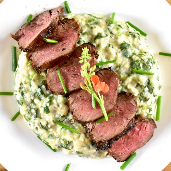 Venison Steaks with Creamed Hominy