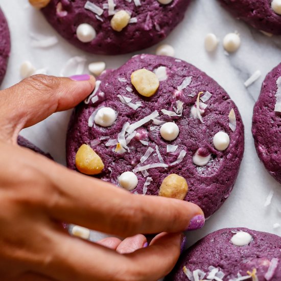 Ube White Chocolate Mac Nut Cookies