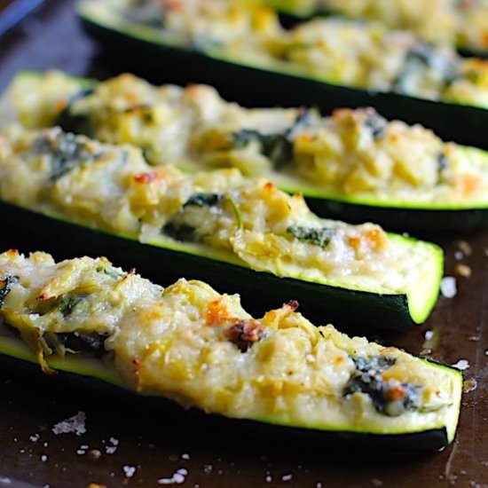 Spinach Artichoke Stuffed Zucchihi