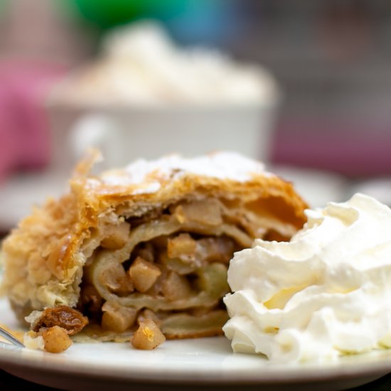 Apple strudel with nuts and raisins