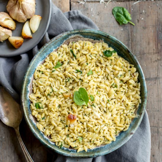 Roasted Garlic and Spinach Orzo