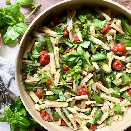 pasta, spring vegetables & tomatoes