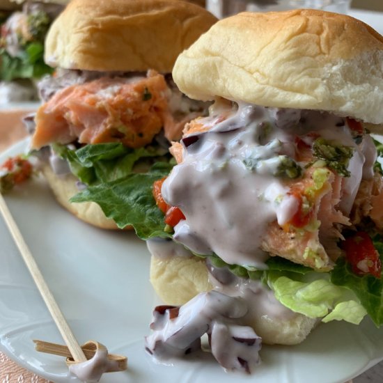 Salmon Sliders & Olive Yogurt Sauce