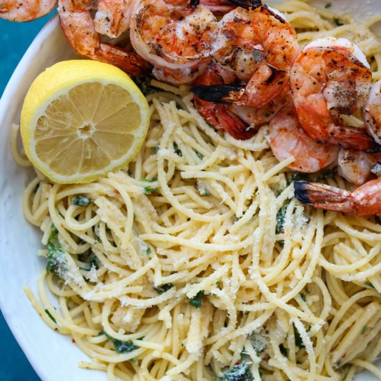 Roasted garlic spaghetti w/shrimp