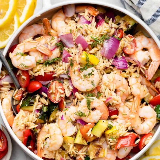 Grilled Veggie & Shrimp Orzo Salad