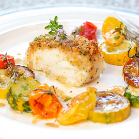 Roast cod with caramelized veggies