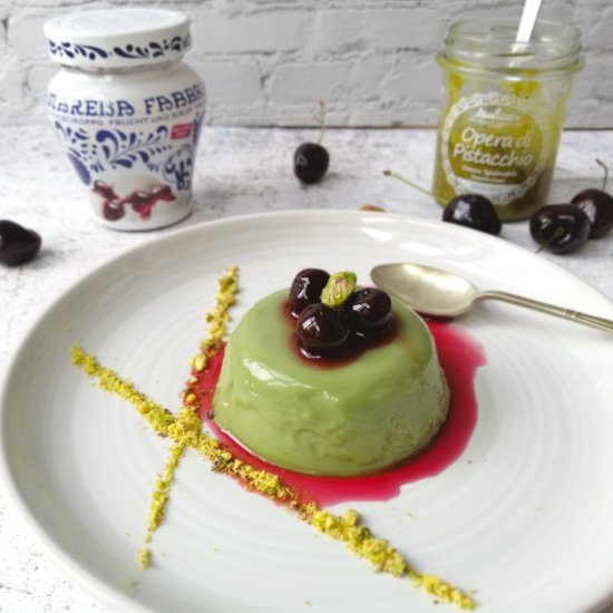 Pistachio and amarena panna cotta