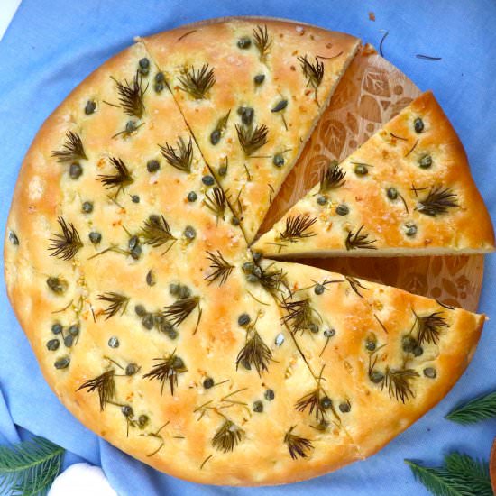 Spruce Tip Caper Focaccia