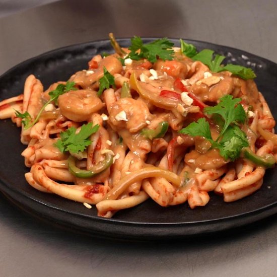 Shrimp cashews and peanuts pasta