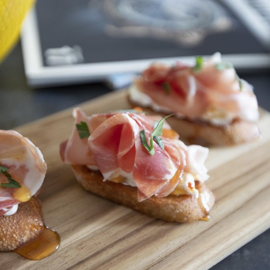 Crostini with Serrano and hot honey