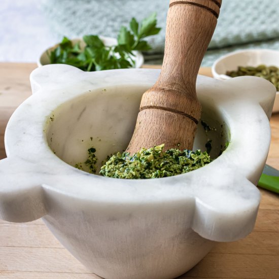 Parsley Pesto in a Marble Mortar