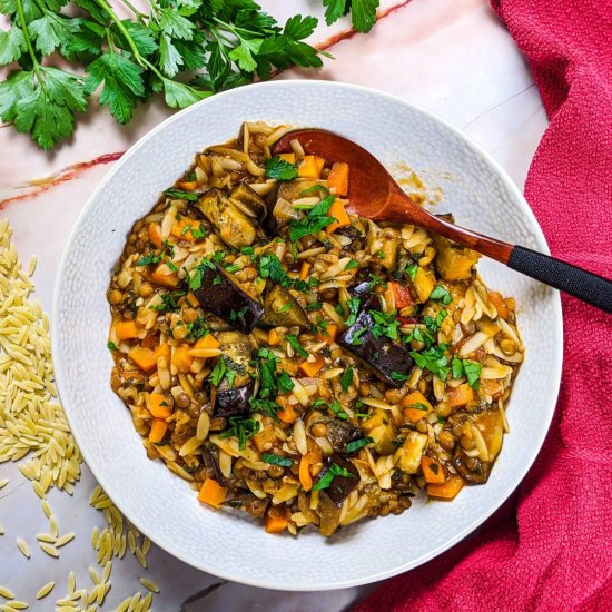 Lentil, Orzo And Eggplant Stew