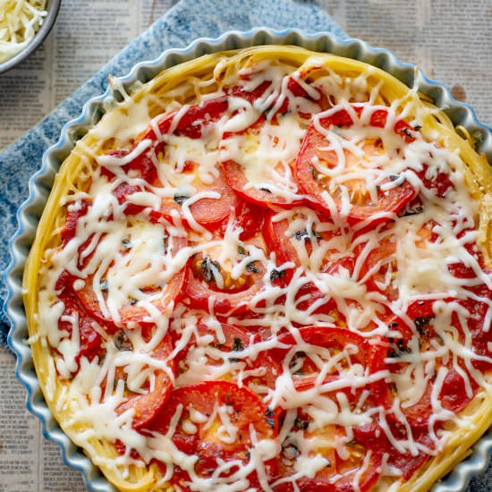 Spaghetti, tomato, cheese casserole