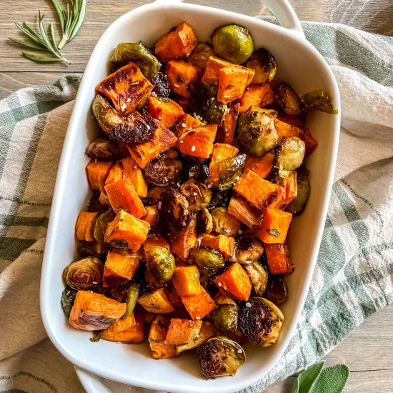 Roasted Sweet Potatoes and Brussels