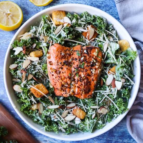 The Best Salmon Kale Caesar Salad