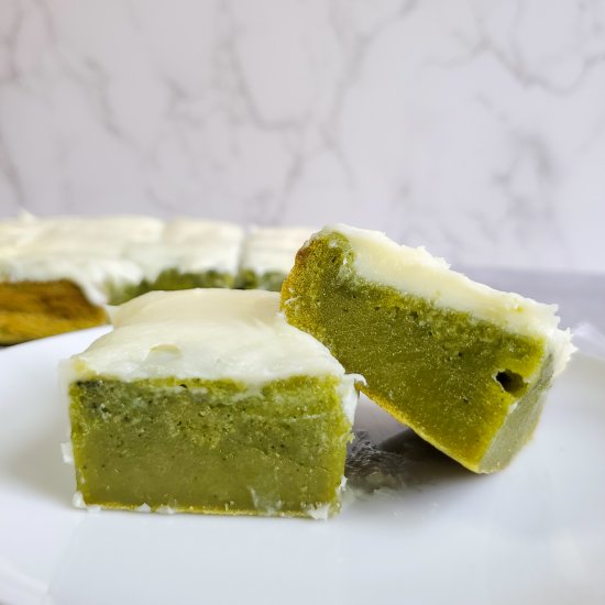 Baked Matcha Mochi with a Ganache