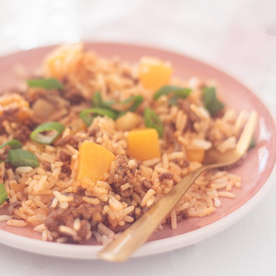 Pilaf with ground beef and Peaches