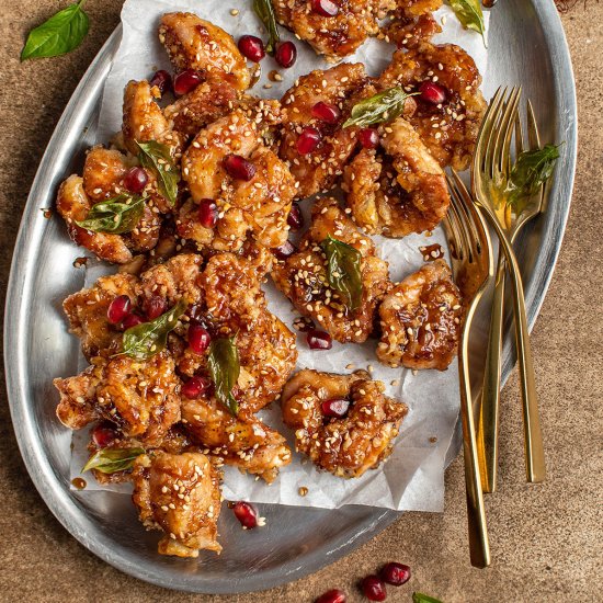 Pomegranate glazed popcorn chicken