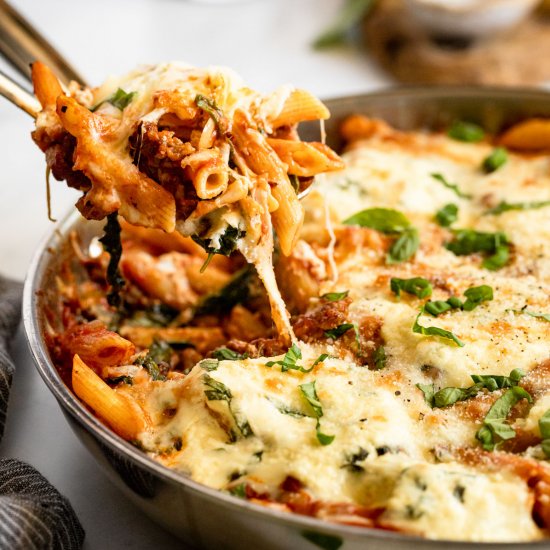 One Skillet Sausage Baked Pasta