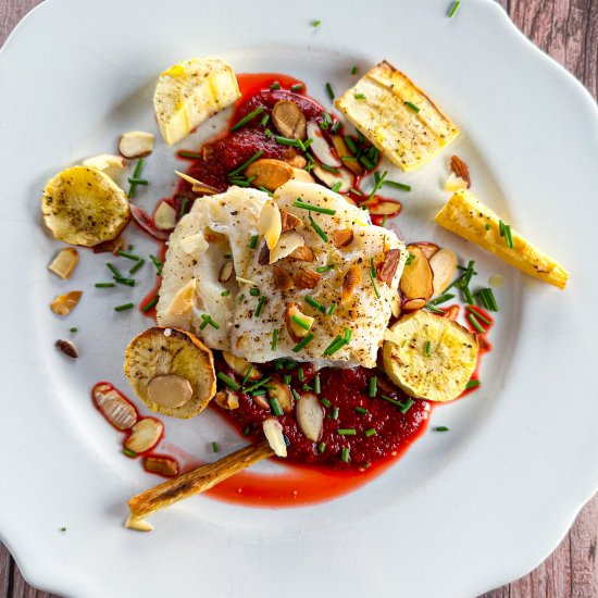 Baked Halibut With Beet Pure