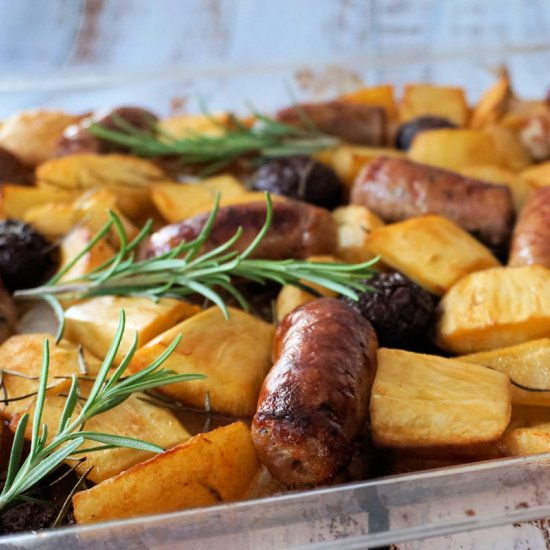 sausage pear and parsnip traybake