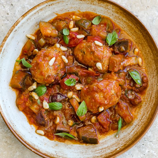 Caponata with Pork Fennel Meatballs