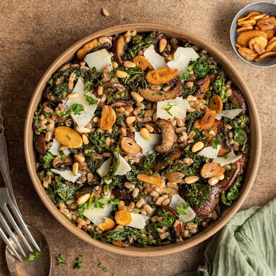 Warm mushroom kale farro salad