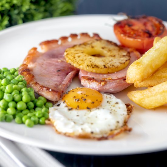 Gammon Egg and Chips with Pineapple