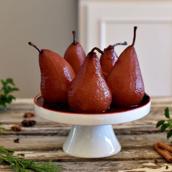 Pears poached in red wine