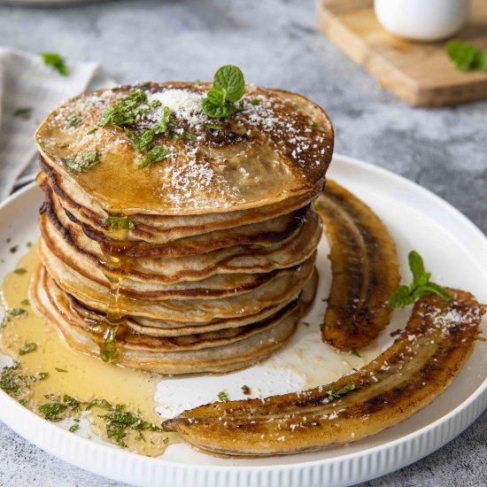 Banana pancakes, coconut and mint