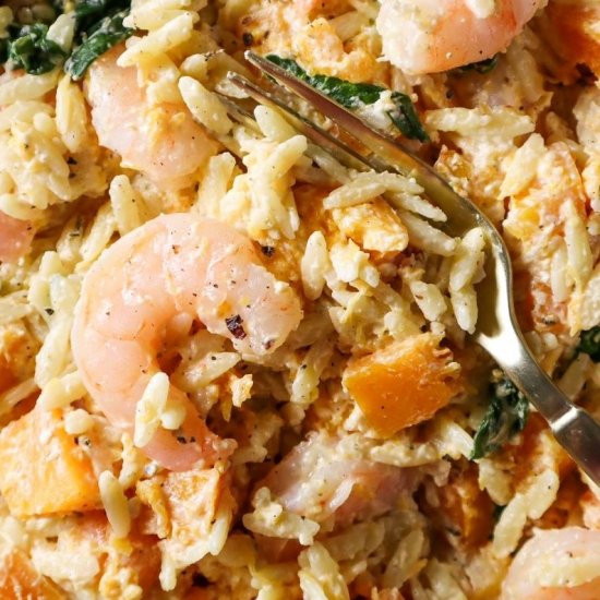 Shrimp, Feta, Butternut Squash Orzo