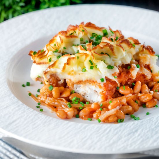 Fish Finger Pie with Baked Beans