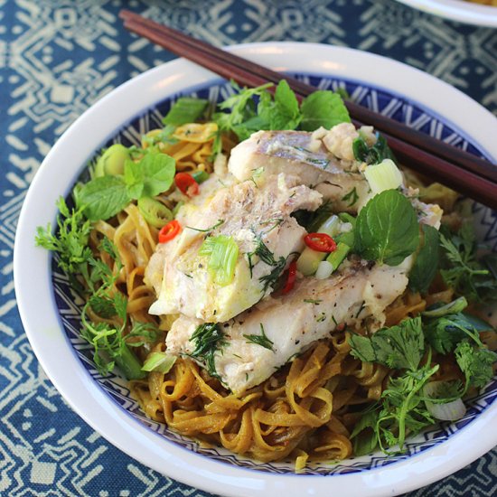 Turmeric noodles & salt-pepper cod