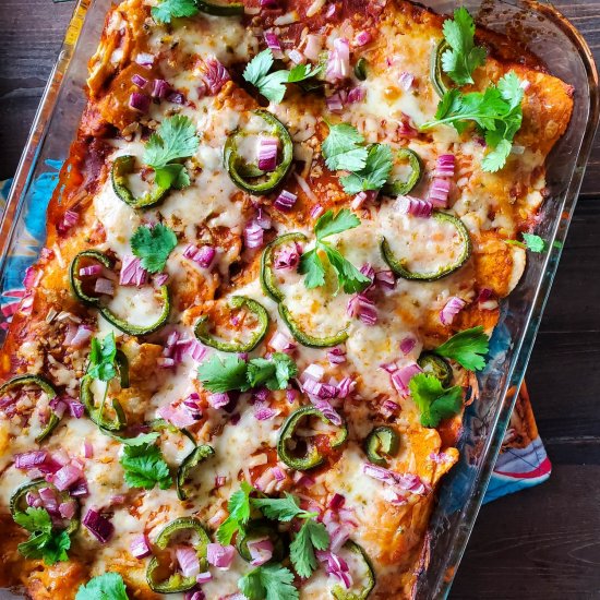 Refried Bean & Hominy Enchiladas