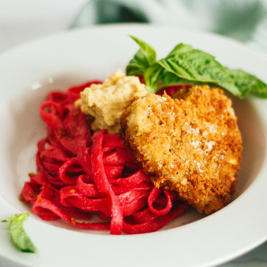 Tofu Hearts with Beet Alfredo