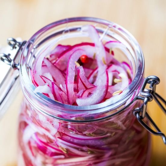 Quick no-cook red onion pickles