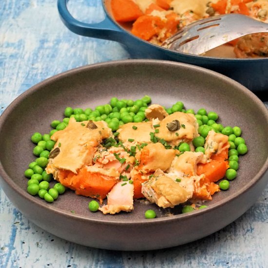 tahini salmon and sweet potato bake